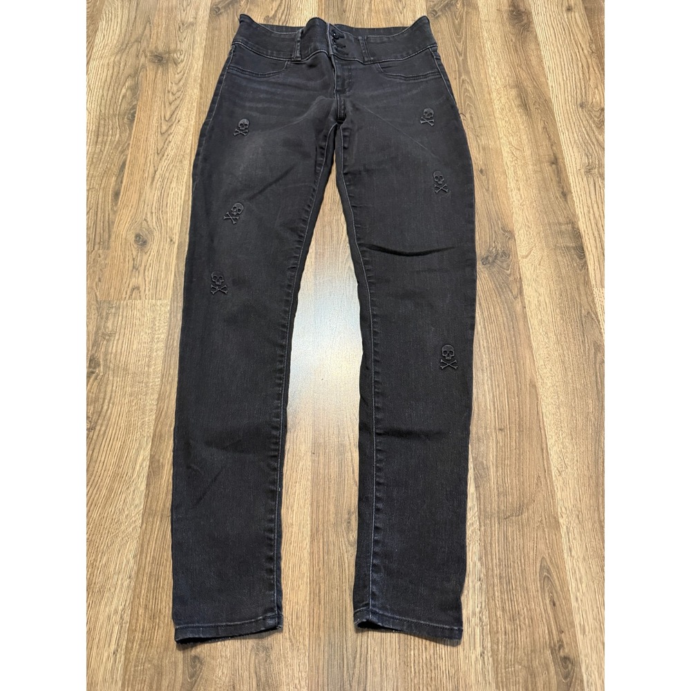 Royal Bones Skinny Jeans Women 1 Black Goth Skull Embroidered High Rise